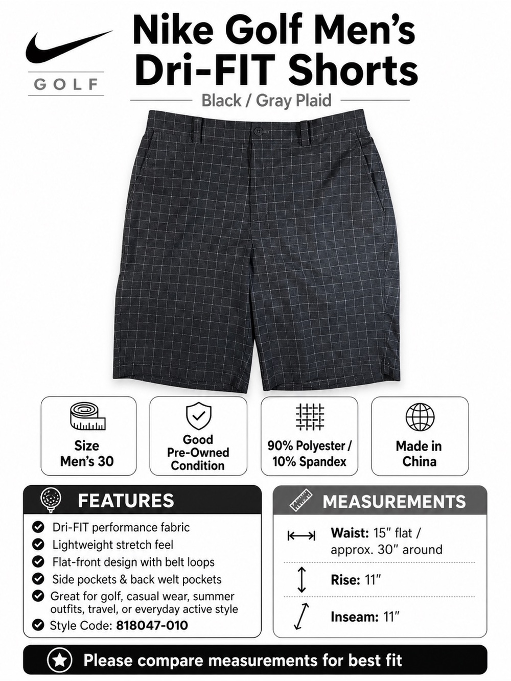 Nike Golf Dri-FIT Plaid Shorts Men’s 30 Black Gray Performance Stretch